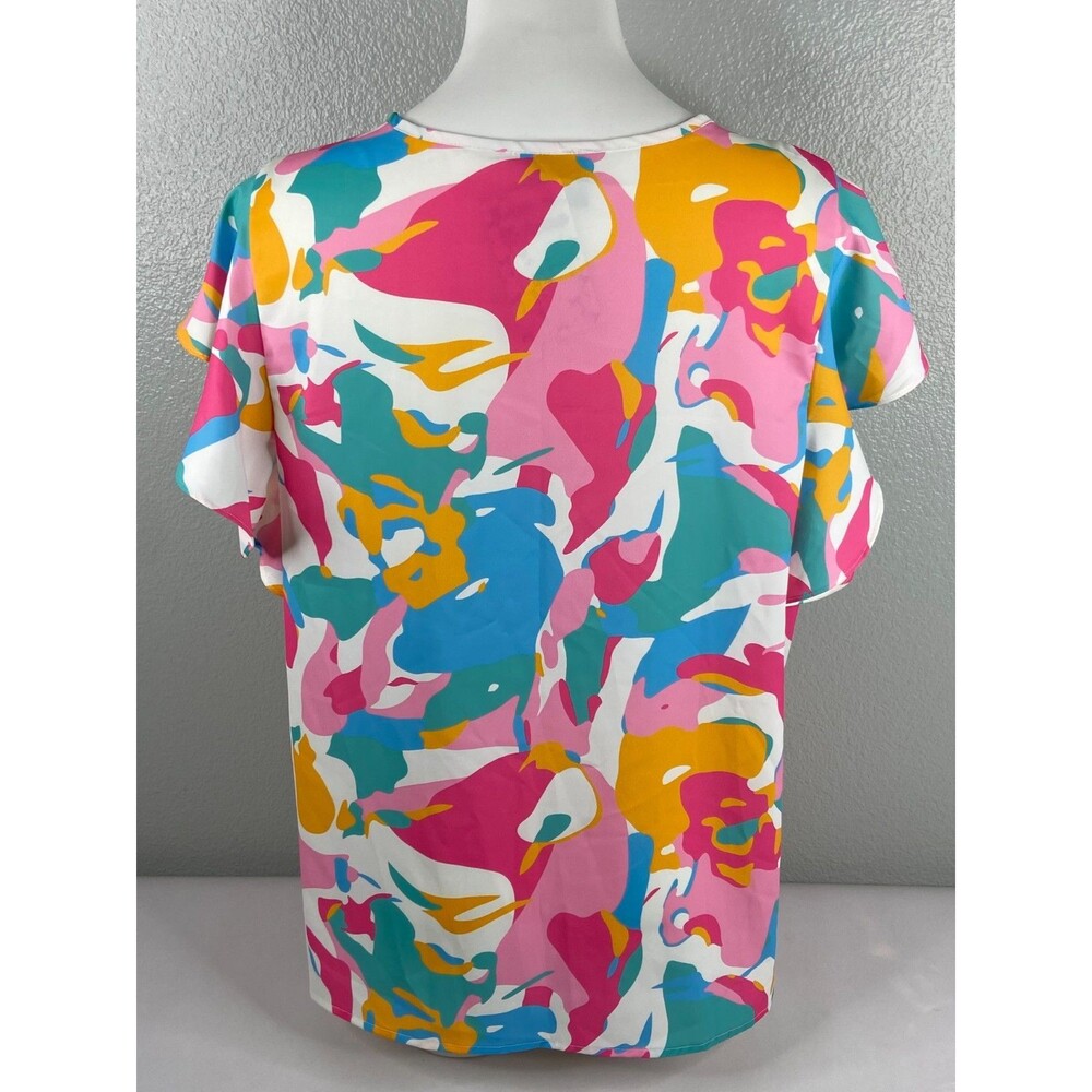 Smocked Multi Color Women XL Blouse Top Abstract V Neck Casual NWT - Picture 5 of 9